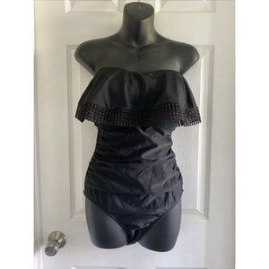 Women's Crochet Flounce High Coverage One Piece Swimsuit - Kona Sol Black L